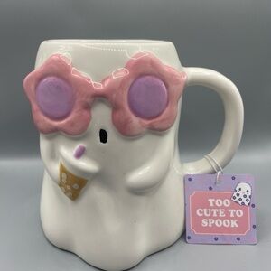Sunday Morning Halloween GIRL GHOST With SUNGLASSES And BOBA Latte MUG NEW